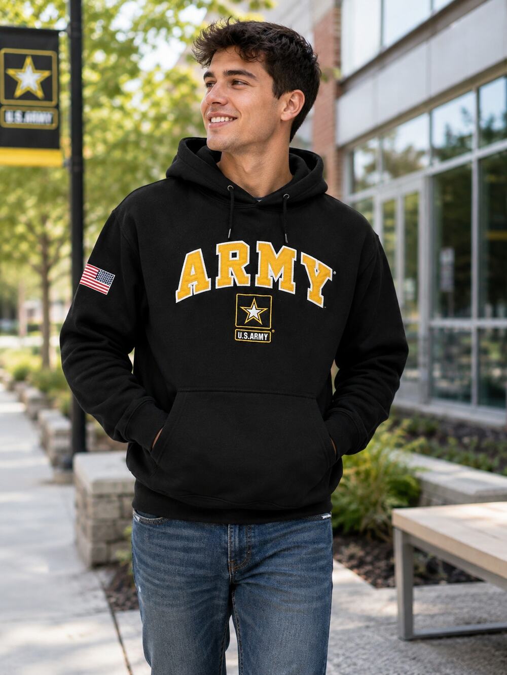 US Army Armed Forces Gear Black XL Hoodie Embroidered Flag